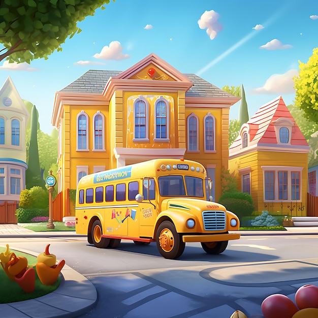 a yellow school bus in front of a school in style of Pixar