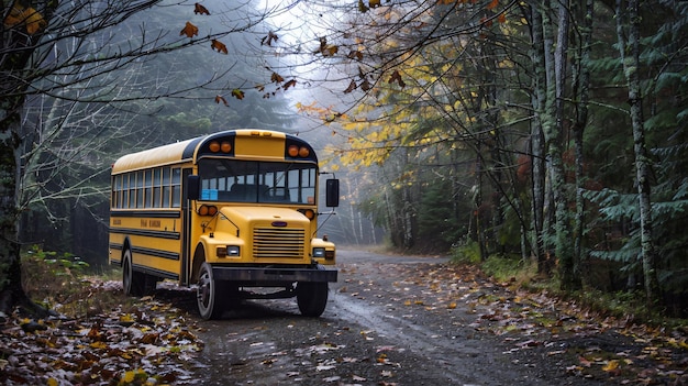 a yellow school bus is driving down a dirt road