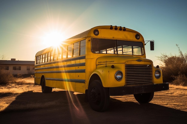 A yellow school bus is parked in a dirt lot with the sun setting behind it.