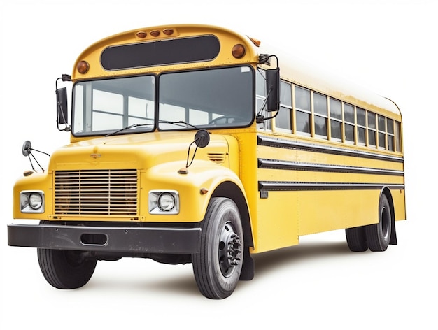 A yellow school bus is parked on a white background.