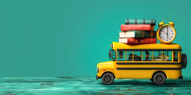 Photo yellow school bus with books and alarm clock on roof confetti green background back to school concept