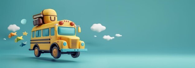 Yellow school bus with luggage floating among clouds copy space