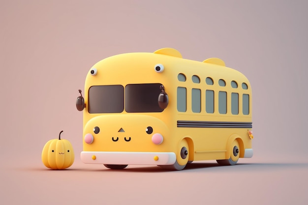 A yellow school bus with a pumpkin on the side.