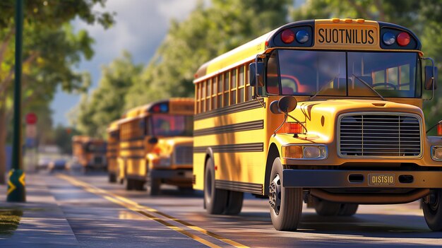 Yellow school buses lined up on a treelined street ready for student transport on a sunny day