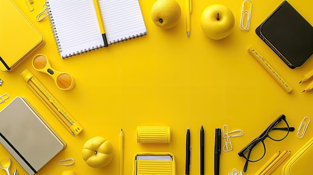 Yellow School Supplies and Fruits Arranged on a Yellow Background