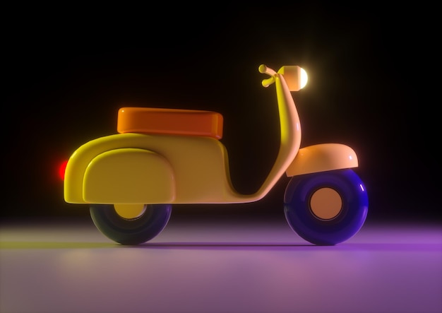 Yellow scooter in retro style synthwave 3d render