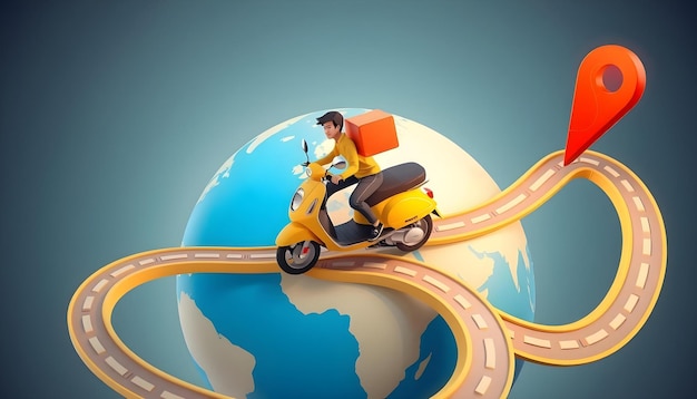 Photo yellow scooter on a twisting road around the globe fast delivery concept