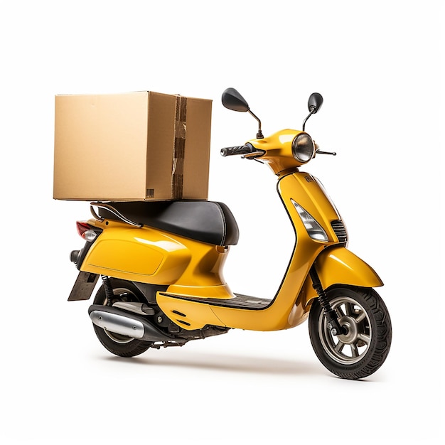 a yellow scooter with a box on the back of it