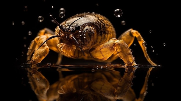 A yellow scorpion is reflected in a black surface.