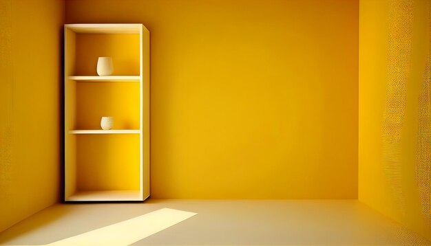 A yellow shelf in a room with a yellow wall and white shelves