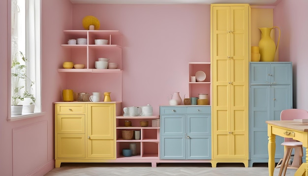 a yellow shelf with a blue and yellow shelf with cups and vases