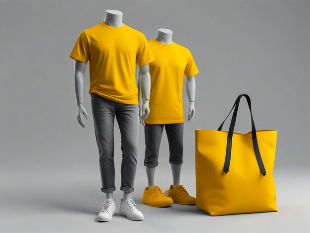 a yellow shirt with a black strap is next to a bag that says quot t shirts quot