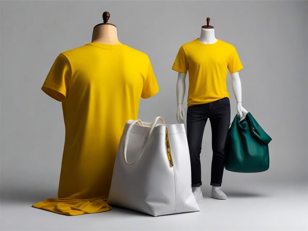 a yellow shirt with a green bag on it