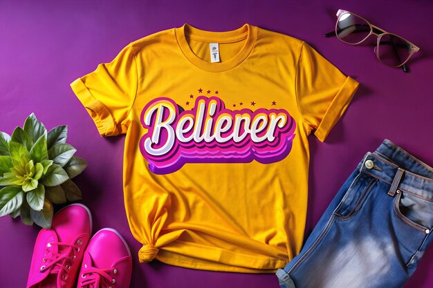 a yellow shirt with the word believe on it