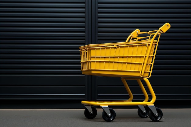 A yellow shopping cart filled with groceries against a black wal