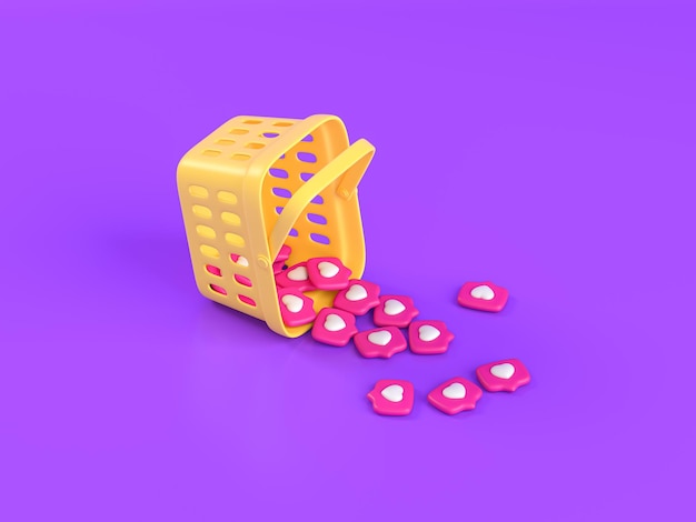 Yellow Shopping cart with pink pin on purple background Conceptual social networks 3d render