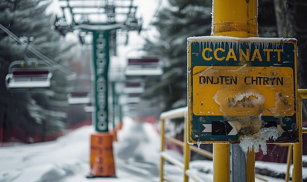 Photo a yellow sign that says  cos de on it  is on a snowy road