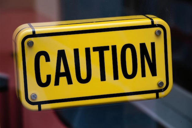 A yellow sign with black lettering reads CAUTION