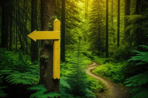 Yellow signpost with arrow pointing the way through lush forest created with generative ai