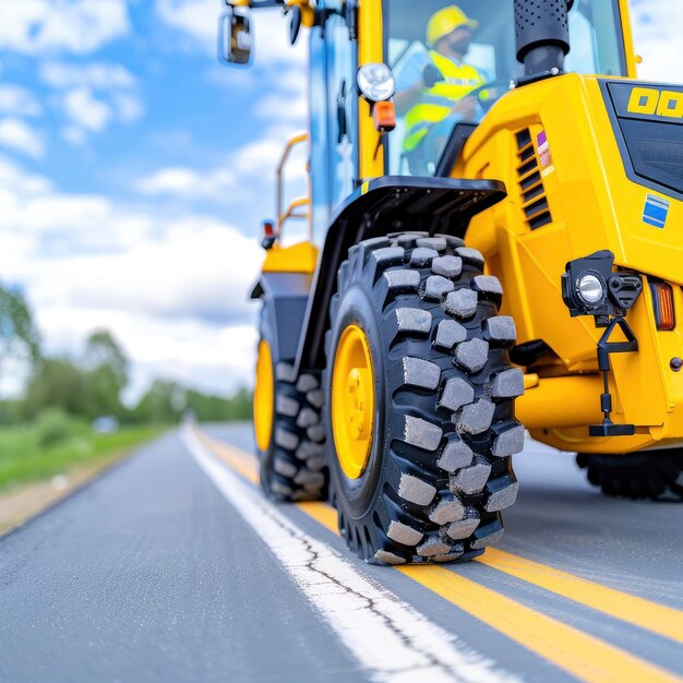 Photo a yellow skid lift working on the road with blur blue sky background