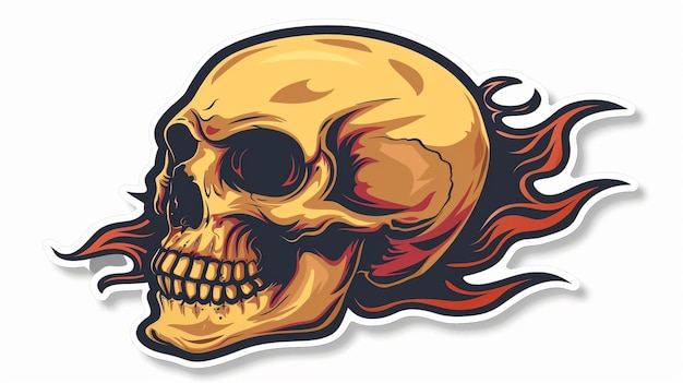 a yellow skull with a red flame on it