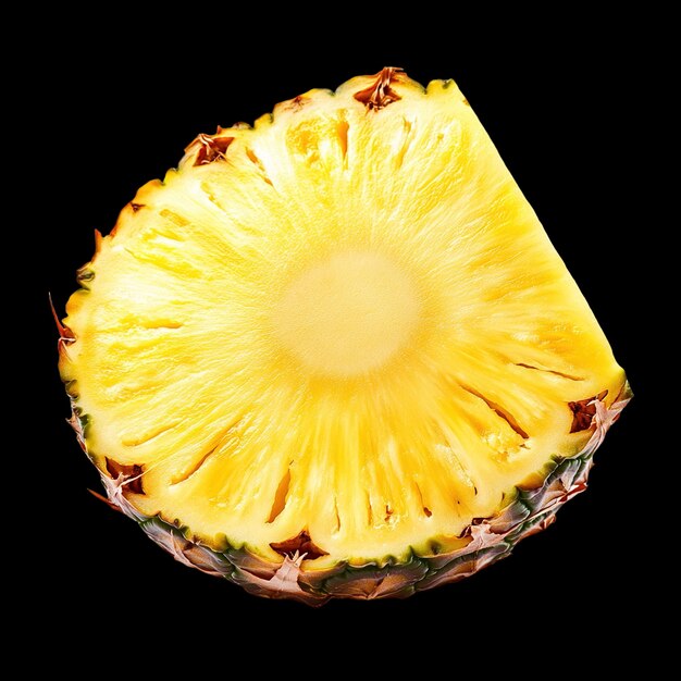 a yellow slice of a pineapple with the center showing the inside of it