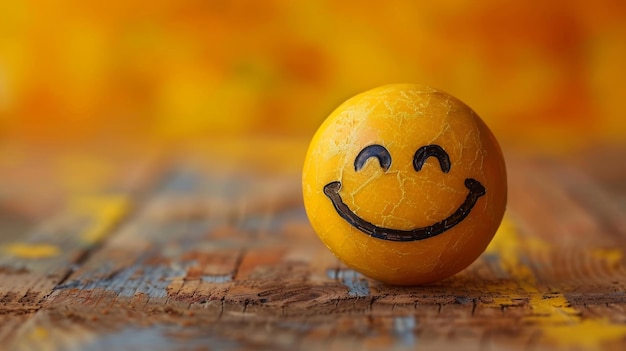 Yellow smile emoji isolated on yellow background with copyspace