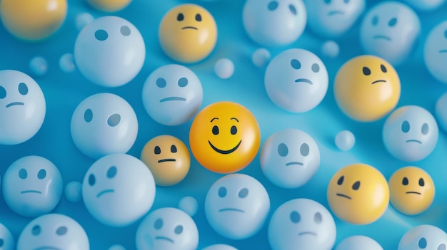 A yellow smiley face in a group of blue balls