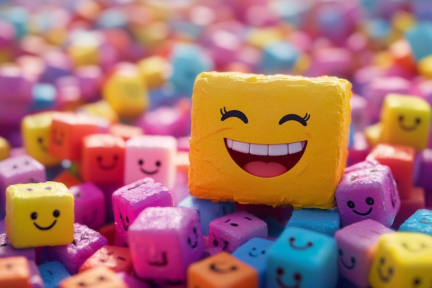 a yellow smiley face is on a pile of dice