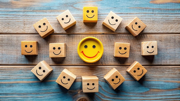 a yellow smiley face is surrounded by wooden blocks