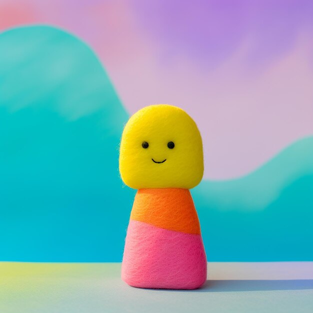 a yellow smiley face sits on a pink and orange toy