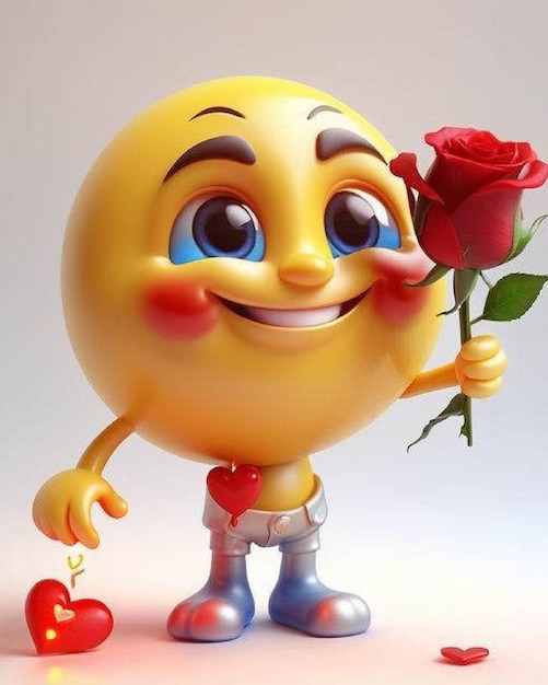 a yellow smiley face with a red rose in his hand