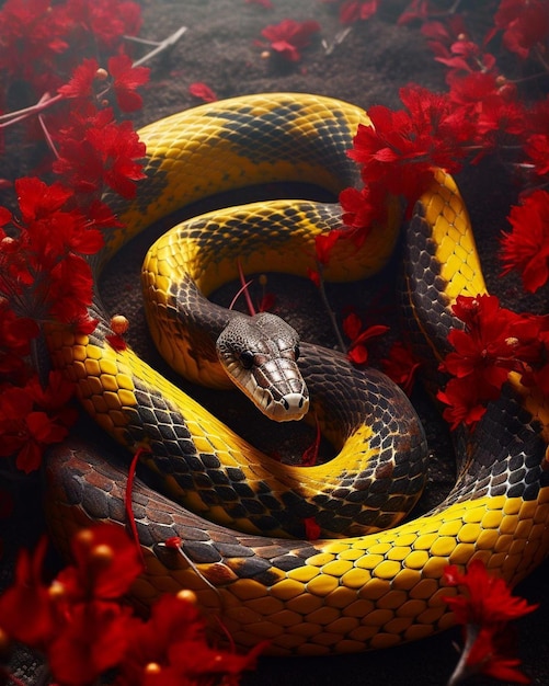 Photo a yellow snake with a black head and a red flower on the bottom