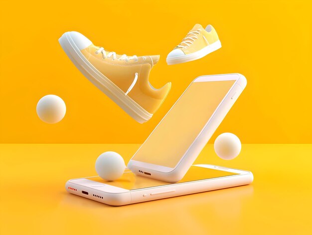 Photo yellow sneakers floating above smartphone with white balls on a yellow background modern vibrant and playful image representing technology and fashion fusion ai