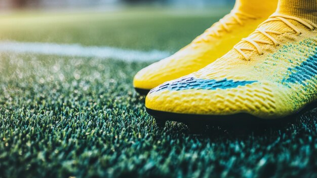 Photo yellow soccer cleats on artificial grass