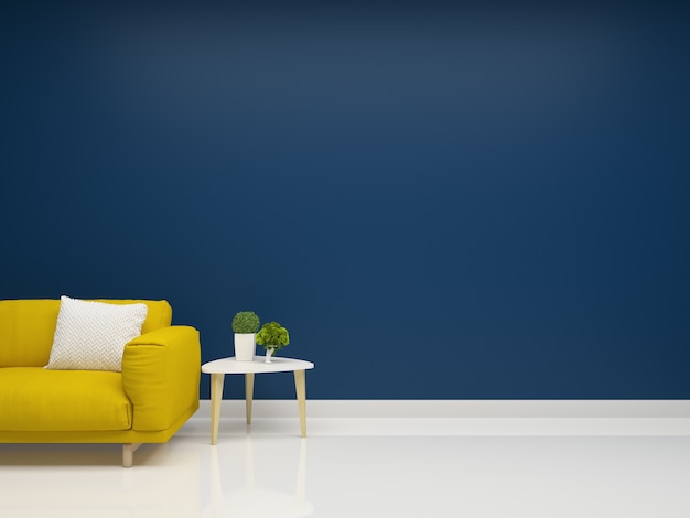 Yellow sofa deep blue wall living room interior 