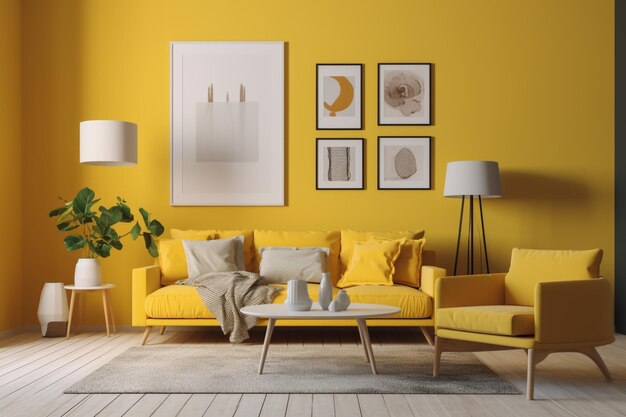 A yellow sofa in a living room with a white table and a lamp.