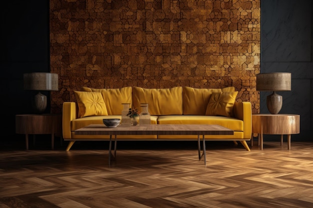 Yellow sofa in living room with wooden floors