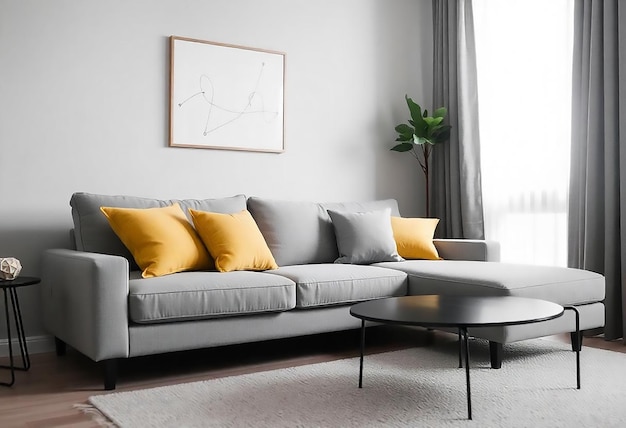 Photo yellow sofa in white living room with beautiful decor