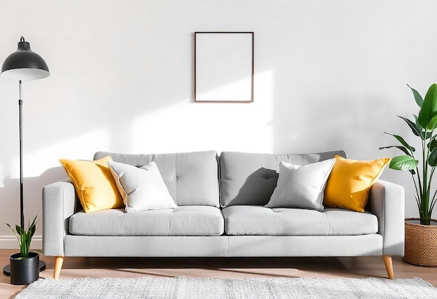 Photo yellow sofa in white living room with beautiful decor