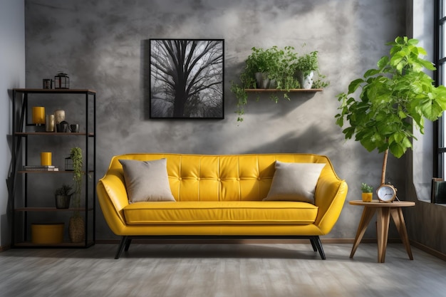 yellow sofa and white wall in modern living room advertising photography