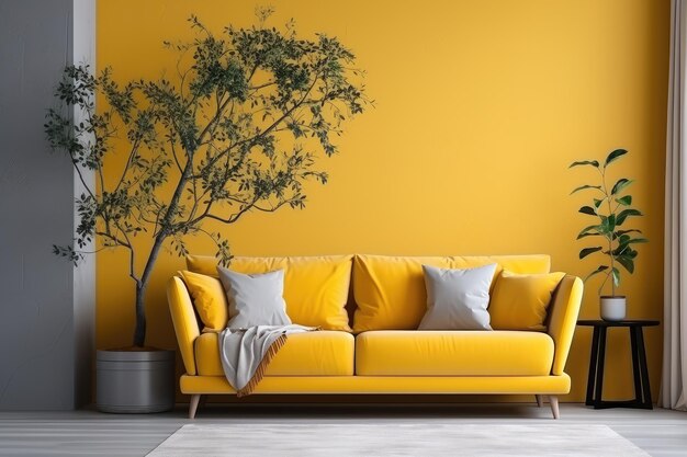 yellow sofa and white wall in modern living room advertising photography