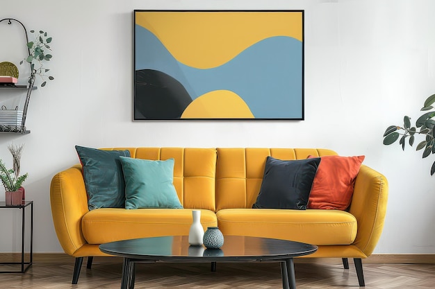 Yellow sofa with colorful pillows and abstract art piece coffee table and plants nearby