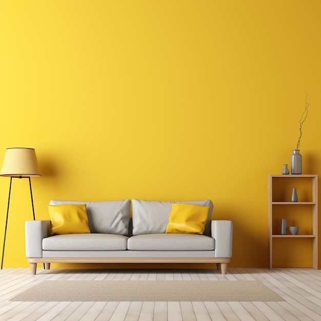 Yellow sofa with rug and lamp white background rendering high definition details