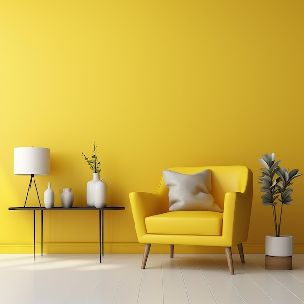 Yellow sofa with rug and lamp white background rendering high definition details