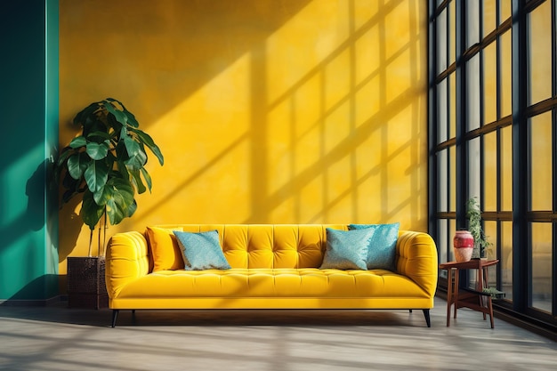 Yellow sofa with yellow walls and tropical plants Modern living room interior design