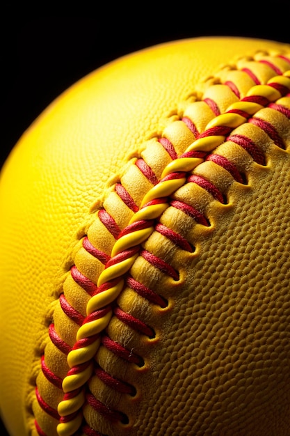 Photo yellow softball closeup with red seams on black background closeup of yellow softball with many red seams on black background