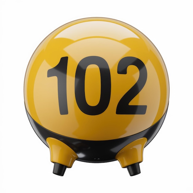 Photo yellow sphere with the number 102 on it and black attachments on the bottom