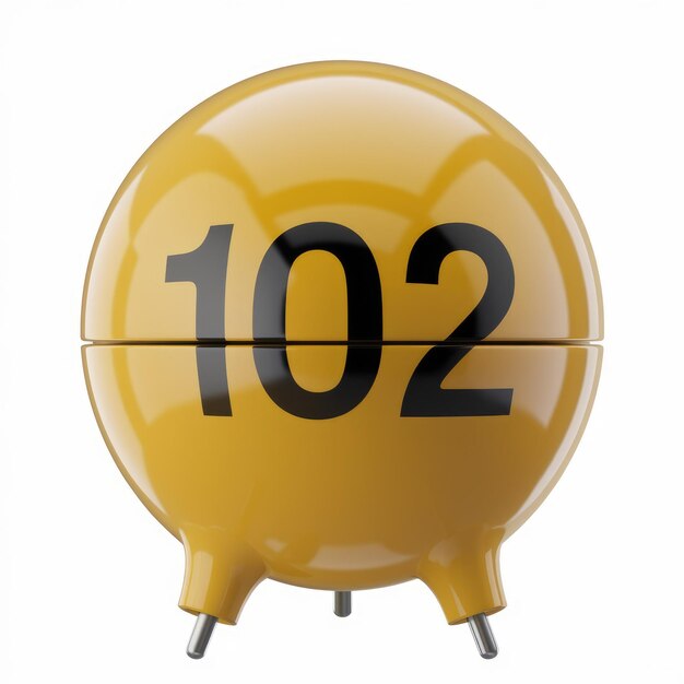 Photo a yellow spherical object with the number 102 printed on it