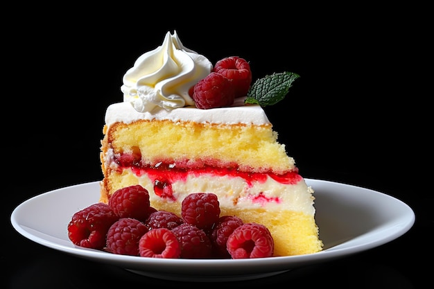 Yellow Sponge Cake Slice Topped with Sorbet Raspberry and Whipped Cream for a Berrylicious Dessert